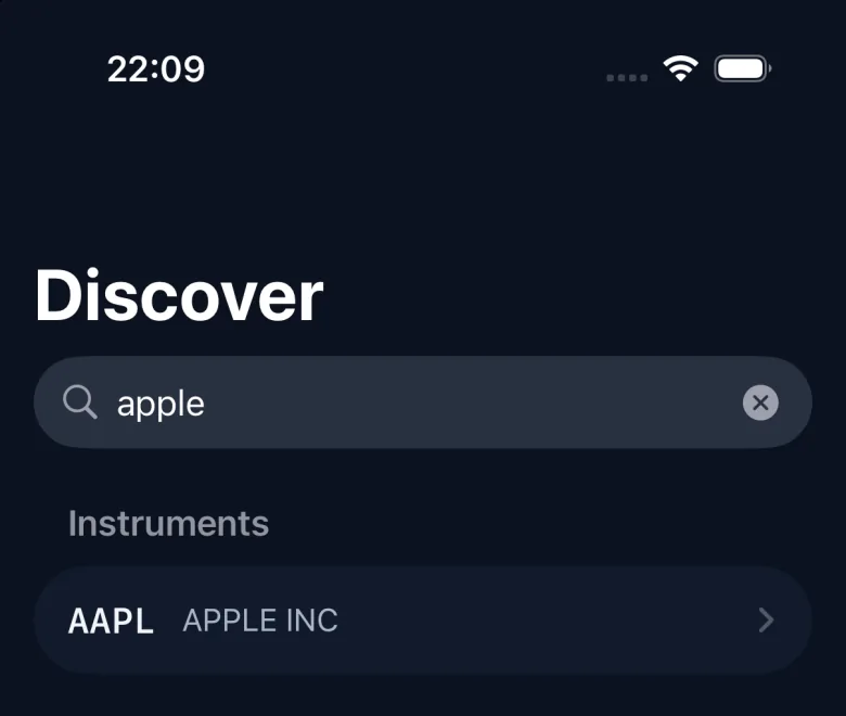 StakeSignal Discover screen searching for apple and finding AAPL.