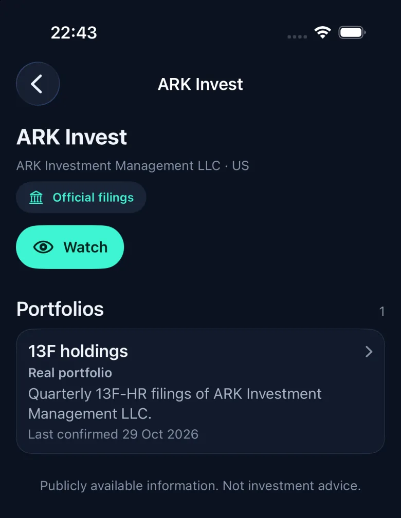 StakeSignal fund screen for ARK Invest with a Watch button and its 13F holdings portfolio.