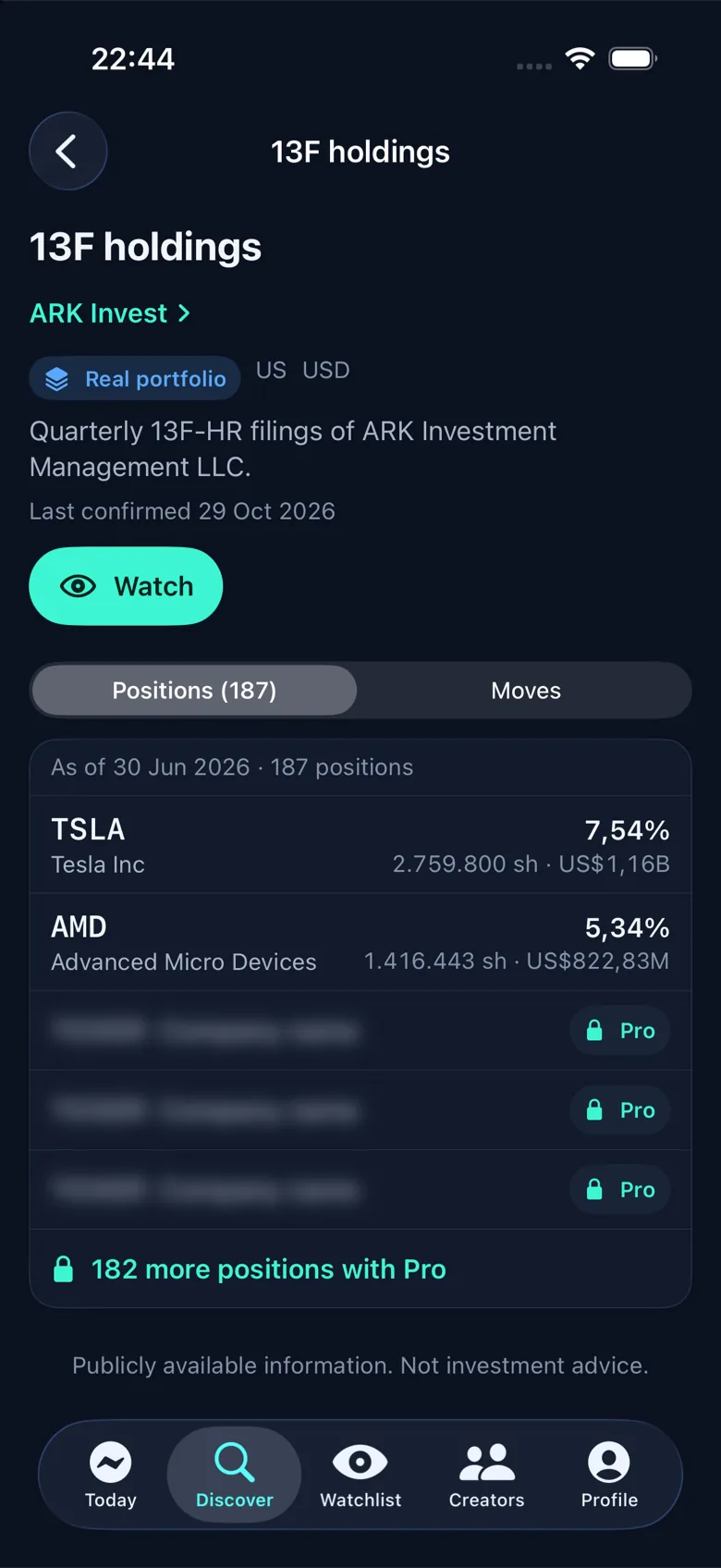 StakeSignal portfolio screen: ARK Invest 13F holdings, 187 positions, Tesla and AMD in full, three more rows locked behind Pro.