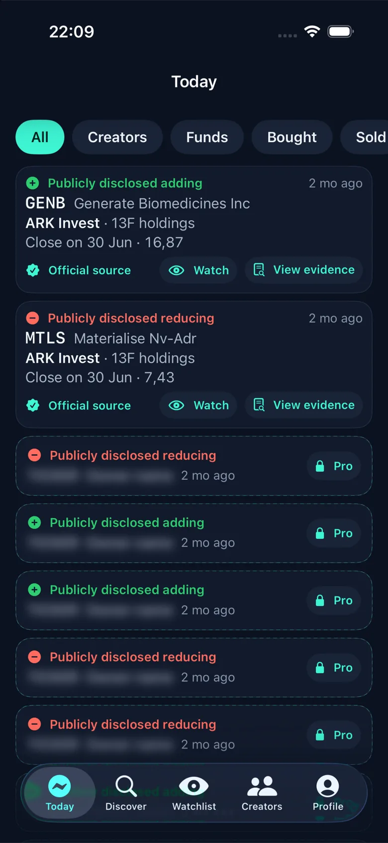StakeSignal Today feed: ARK Invest publicly disclosed adding GENB and reducing MTLS, each marked Official source, followed by locked Pro rows.