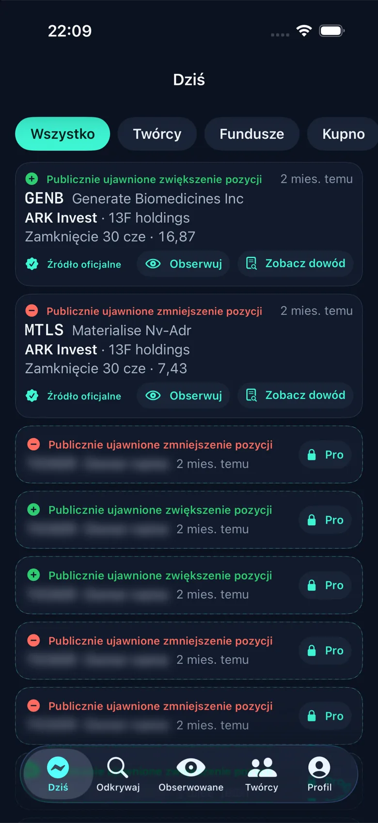 Ekran Dziś w StakeSignal: ARK Invest publicznie ujawnia zwiększenie pozycji GENB i zmniejszenie MTLS, oba ze znacznikiem Źródło oficjalne, niżej zablokowane wiersze Pro.